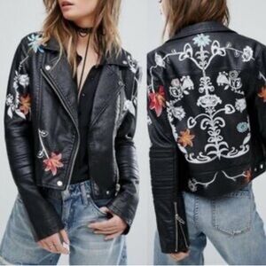 Blank NYC Black Leather Jacket with Floral Embroidery. Wear as shown at collar.